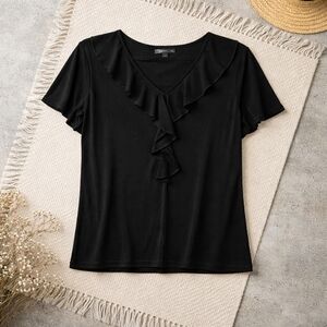 Adrianna Papell L Large Black Ruffle V-Neck Top